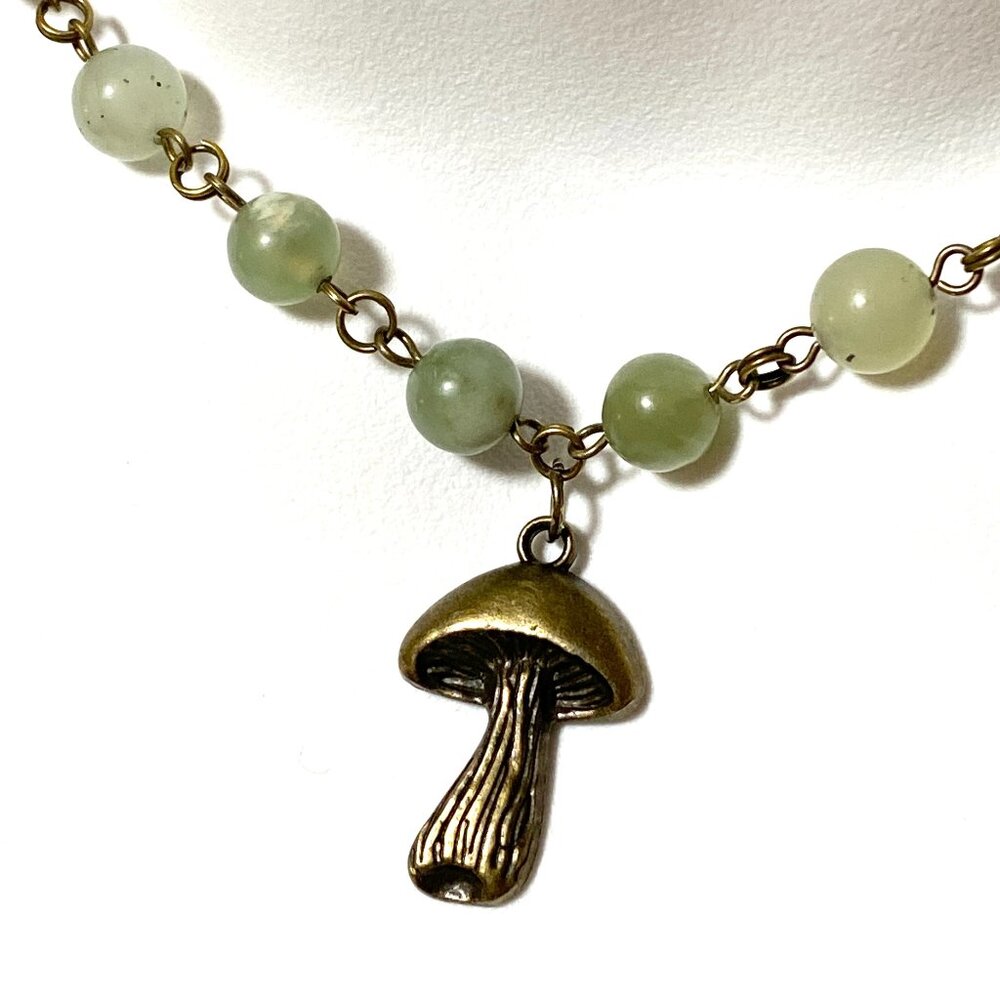 Natural Mint Green Serpentine Necklace, Bronze Slim Mushroom + Genuine Gemstone
